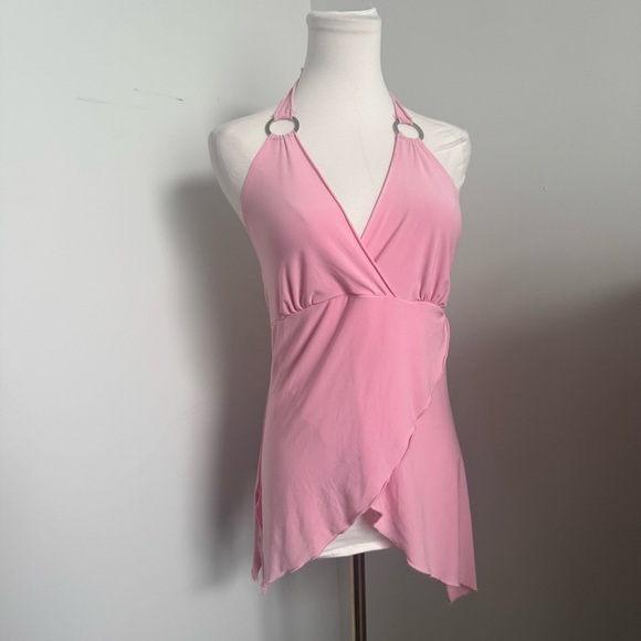 Y2K Pink Halter Ring Top Asymmetrical Wrap Style | Barbiecore 2000s Clubwear L - Picture 2 of 5